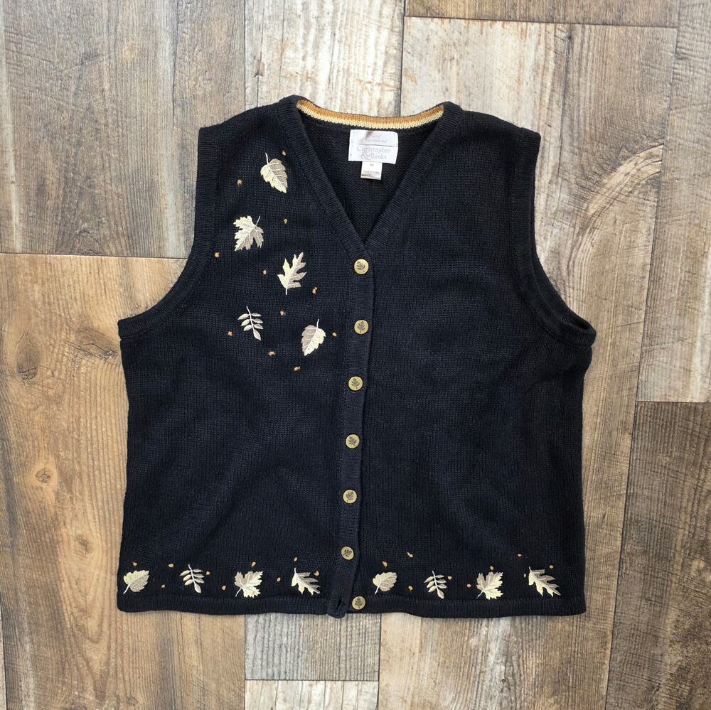 Vintage Sweater Vest Hand Embroidered Leaf Nature Y2k Size Medium Cottagecore